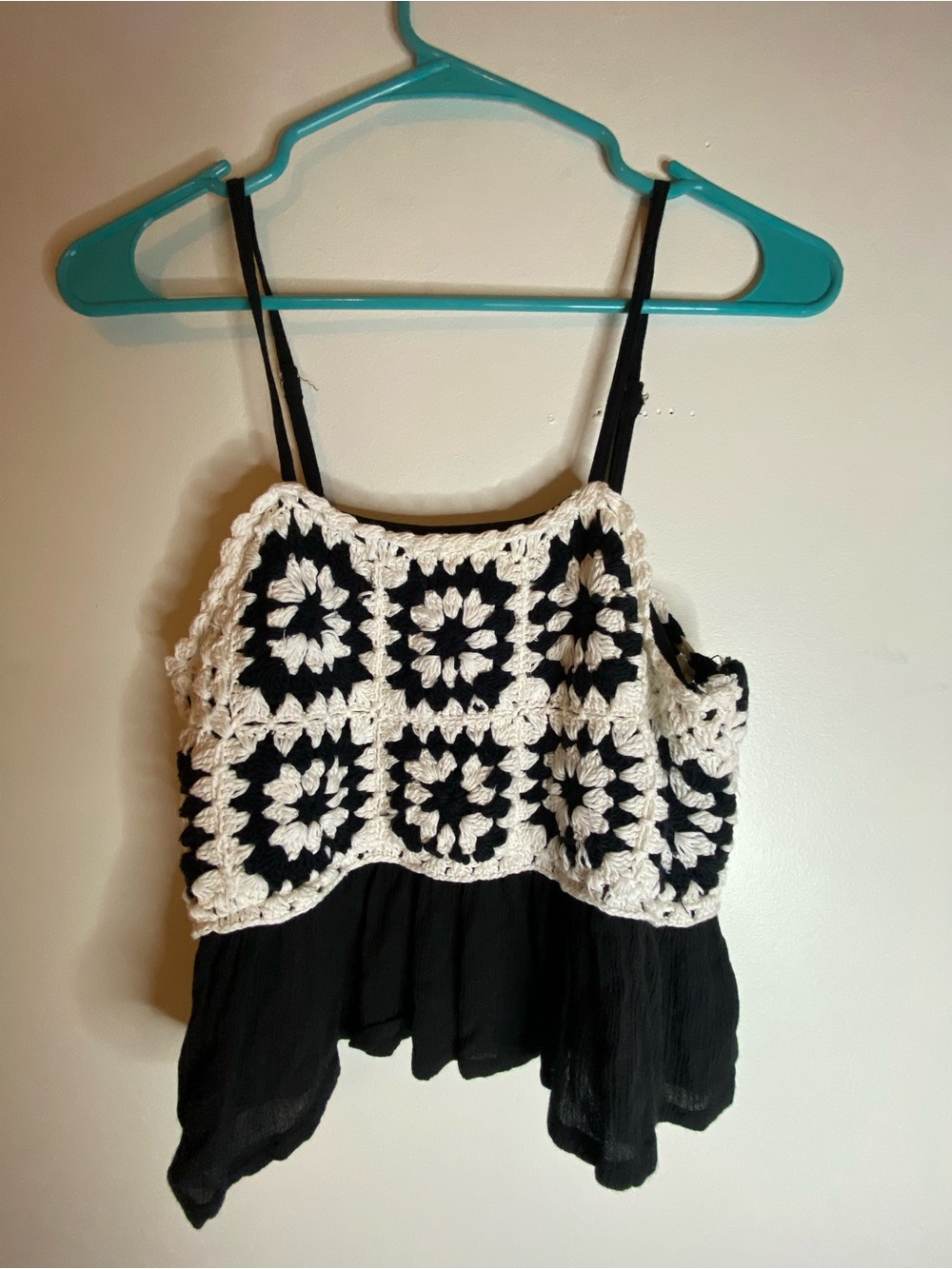 Black & Cream Crochet-Front Spaghetti Strap Cami